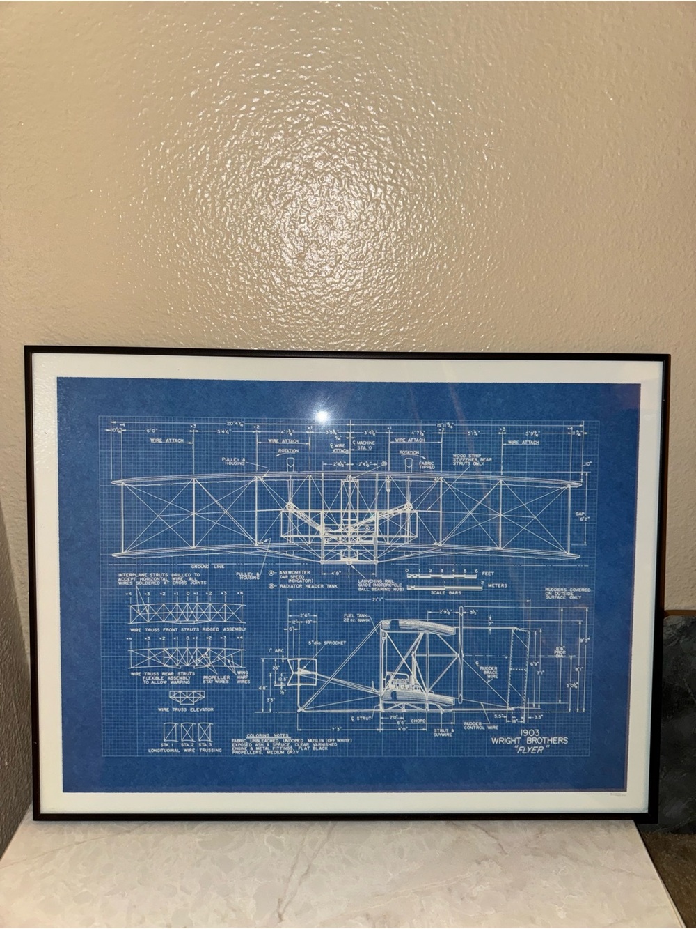 framed 1903 Wright Brothers Flyer blueprint poster with black frame